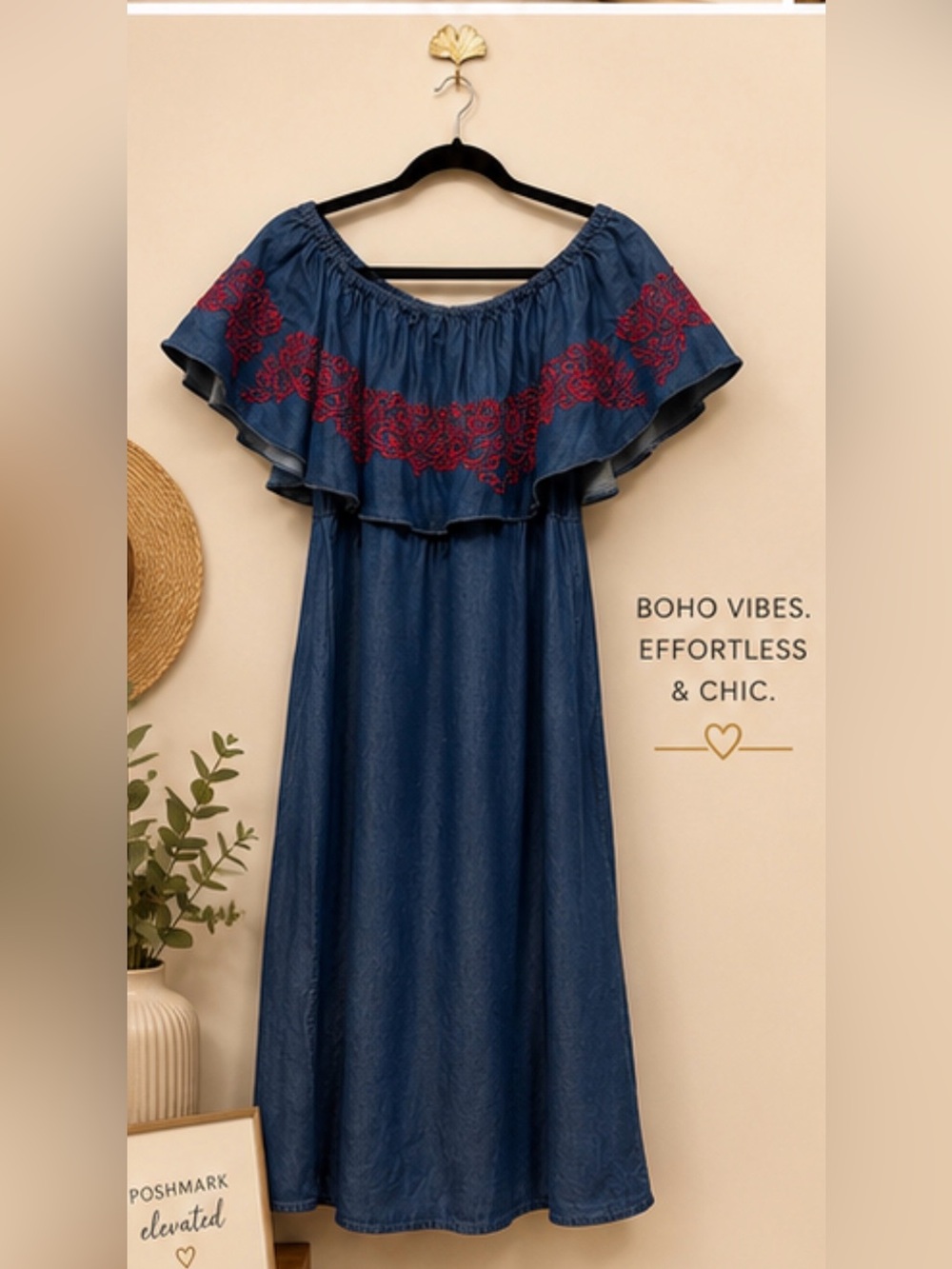 Philosophy Strapless Blue Dress with Red Embroidery